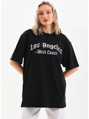 Marsilyan Baskılı Oversize T-Shirt - Siyah -