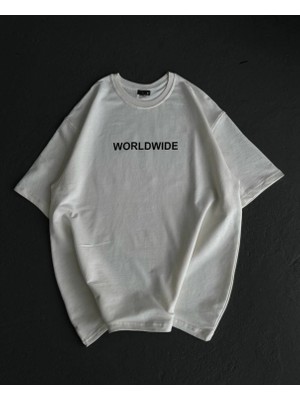 Marsilyan Bisiklet Yaka Baskılı Oversize T-Shirt - Beyaz -