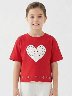 Escabel Kız Çocuk Kalp Detaylı T-Shirt 36172 Kırmızı