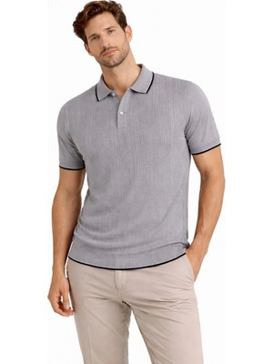 Marsilyan Erkek Düğmeli Yaka Triko Dokuma Tişört Desenli Yazlık Şık Günlük Triko Tişört - Gri