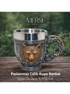 Mersi Shop Mitolojik Ayı Figürlü 3D Kabartmalı Paslanmaz Çelik Kupa Bardak – Dekoratif Viking Tarzı Kupa