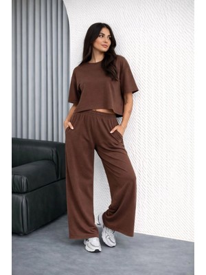 Marsilyan Osy Modal Yumuşak Dokulu Kadın Oversize Ikili Takım Bol Paça Pantolonlu Günlük Takım - Kahverengi