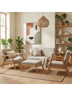 Zem Pavia Çay Seti Natürel Ahşap, Sütlü Kahve (1ADET IKİLİ BERJER 2ADET TEKLİ BERJER 1ADET PUF)