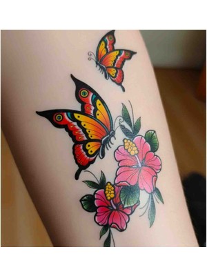 Bontexs 3 Boyutlu Geleneksel Kelebek ve Hibiskus Çiçeği Dövme 1 Ay Kalıcı