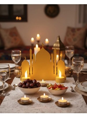 Buyx 3D Iki Mumlu Cami Dekor 2 Pilli LED Mum Hediyeli Masa Üstü Süs - BU002T-7HEXA3