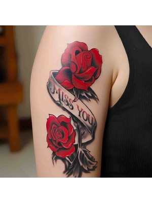 Bontexs ​3 Boyutlu Realistik Kırmızı Gül ve "miss You" Yazılı Geçici Dövme​gölgeli Efektli Canlı Kırmızı Gül Tasarımlı Suya Dayanıklı Dövme 1 Ay Kalıcı