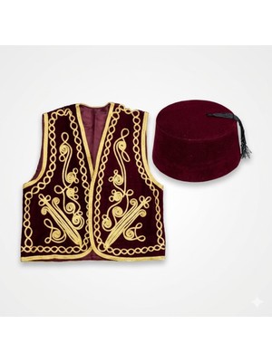 Ceyyiz Damat Kına Gecesi Osmanlı Yelek ve Fes Takım Bordo