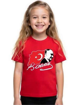 Efendioğlu Design Kısa Kollu Dalgalanan Bayrak Imzalı 23 Nisan Atatürk Baskılı Çocuk Tişörtü – Erkek/kız Çocuk Tişörtü