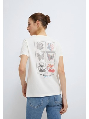 Mavi Kelebek Baskılı Ekru Tişört 1613744-80194