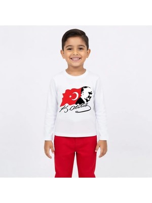 Efendioğlu Design Uzun Kollu Dalgalanan Bayrak Imzalı 23 Nisan Atatürk Baskılı Çocuk Tişörtü – Erkek/kız Çocuk Tişörtü