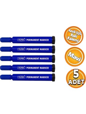 Yuma YM-791-M Mavi Renk Permanent Marker Koli Kalemi Mavi (5 Adet) Kesik Uç