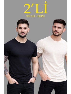 İlk El Grup Ieg™ Erkek 2'li Bisiklet Yaka Tişört – Kısa Kollu Yazlık Slim Fit Body - Siyah  Ekru