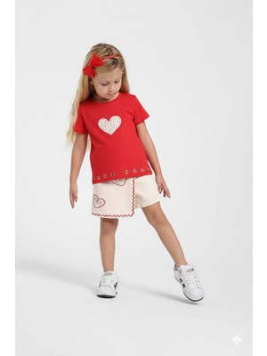 Escabel Kız Çocuk Kalp Detaylı T-Shirt 36230 Kırmızı