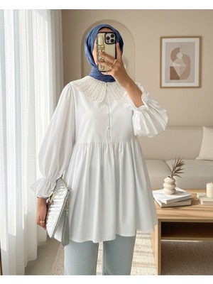 Modamorfo Kolu Lastikli Organze Bebe Yaka Yarım Düğmeli Tunik -Beyaz