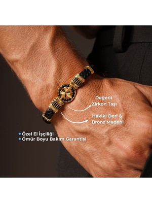 Tansesuar Pusula Figürlü Zirkon Taşlı Hakiki Deri Bileklik