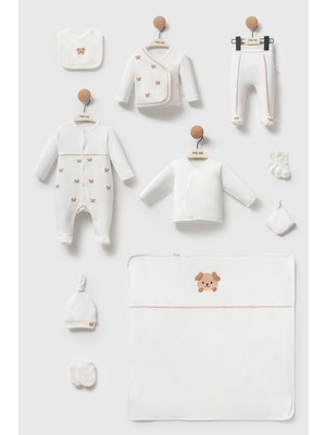 Moi Noi Lüks Seri Mini Dog Nakışlı 10'lu Hastane Çıkışı Seti - %100 Pamuk Ekru