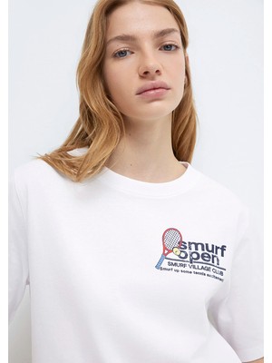 Mavi Şirinler Baskılı Beyaz Tişört 1614040-620