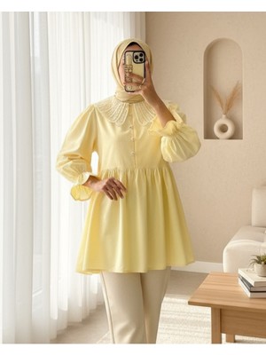 Modamorfo Kolu Lastikli Organze Bebe Yaka Yarım Düğmeli Tunik -Sarı