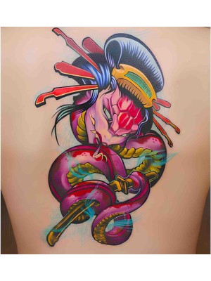 Bontexs 3 Boyutlu Görünüm Sunan Özel Tasarım Yılan Kadın ve Samuray Geçici Dövme 1 Ay Kalıcı