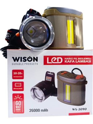 Wison WS-2090 Harici Bataryalı Profesyonel Kafa Lambası | 60W – 5000 Lümen – 26000 Mah – Sensörlü – Zoomlu – Metal Kasa – Powerbank – Type-C Şarjlı