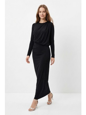 Rays Siyah Omuz Büzgülü Elbise 252696