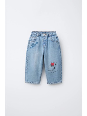 Magu Çocuk Pamuklu Açık Mavi Baskılı Jean Pantolon - Lastikli Bel