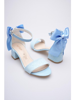 SGF Kids Tekbant Mavi Kum Simli Arkadan Fiyonklu Topuklu Abiye Ayakabı