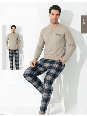 Boyraz Erkek Standart Kalıp Penye Düğme Yaka Uzun Kol Baharlık Pijama Takımı 0697 - 1 Adet