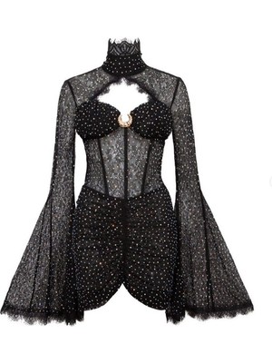 Aura Modist Taş Işlemeli Dantel Detaylı Ispanyol Kol Mini Gece Elbisesi S - Siyah