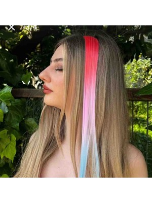 Bontexs Kadın Renkli Yan Çıt Çıt Saç - 3 Renk Ombreli Pratik Saç Postişi, 3 Renkli Degrade Geçişli Yan Çıt Çıt Saç Aksesuarı - Pembe ve Mavi Tonları