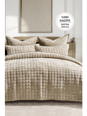 Evien Home %100 Kadife Yatak Örtüsü Yorgan Uyku Seti Çift Kişilik Kalın Elyaf Dolgulu 3 Parça Bej