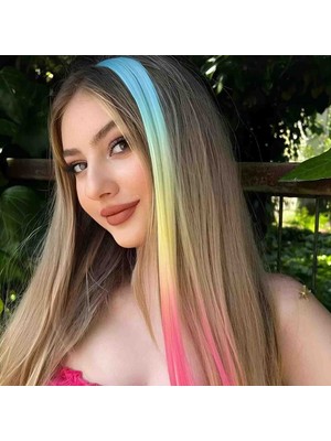 Kadın 3 Renkli Ombre Yan Çıt Çıt Saç - Turkuaz Sarı Pembe Geçişli Postiş