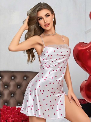 MR OWL Kadın Beyaz Fuşya Kalp Desenli Saten Gecelik 2219