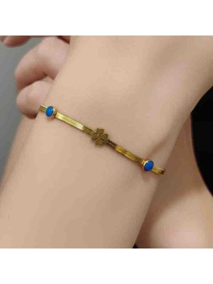 Bontexs Kadın Altın Kaplama Italyan Ezme Zincirli Yonca Figürlü Mavi Boncuklu Bileklik