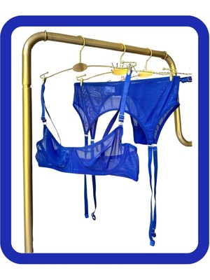 Zarvia Mavi Jartiyerli Balenli Transparan Sütyen Tanga Jartiyer Iç Çamaşır Takımı