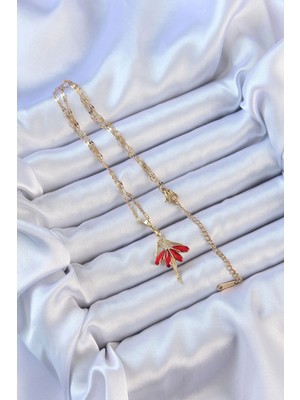 Moresun Buğz 316L Çelik Zincir Altın Renk Kırmızı Etekli Zirkon Taşlı Balerin Kolye - Buğz