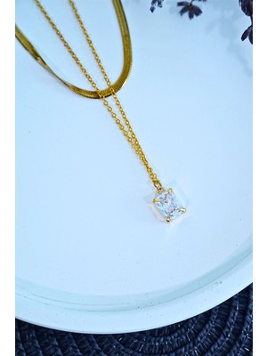 Moresun Buğz Baget Taşlı Altın Renk Italyan Bakla Zincirli Kadın Çelik Kolye - Buğz