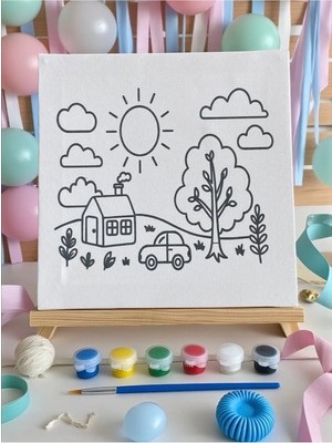 3DreaMaker Çocuk Tuval Boyama Seti (Tuval, Fırça ve 6 Renk Akrilik Boya Seti) Hobi Seti Mini Tuval 22X22 cm