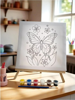 3DreaMaker Çocuklar Için Tuval Boyama Seti (Tuval, Şövale, Fırça ve 6 Renk Akrilik Boya Seti) 22X22 cm