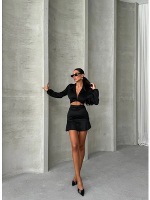 Aura Modist Bel Dekolteli Bağlama Detaylı Saten Mini Takım M - Beyaz