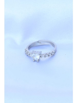 Moresun Buğz Pirinç Gümüş Renk Ayarlanabilir Zirkon Taşlı Minimal Kalp Yüzük - Buğz