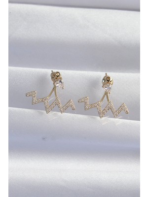 Moresun Buğz Pirinç Gold Renk Zirkon Taşlı Zikzak Küpe - Buğz