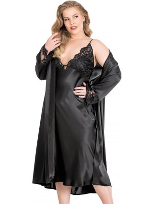 Aria's Closet Büyük Beden Siyah Uzun Ikili Saten Sabahlık Gecelik Takımı