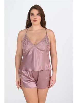 Aria's Closet Arias Closet Büyük Beden Dantel Işlemeli Vizon Saten Şort Takımı