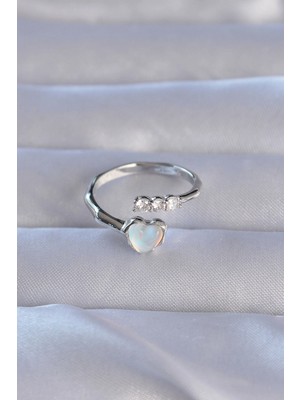 Moresun Buğz Pirinç Gümüş Renk Zirkon Taşlı Sedefli Kalp Model Ayarlanabilir Yüzük - Buğz