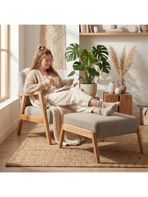 Zem Pavia Çay Seti Natürel Ahşap, Sütlü Kahve (1 ADET TEKLİ BERJER 1 ADET PUF)