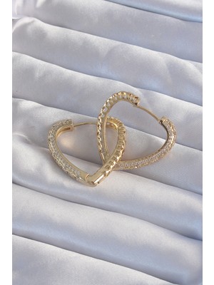 Moresun Buğz Pirinç Gold Renk Zirkon Taşlı Motifli Kalp Küpe - Buğz