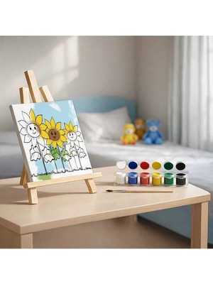 3DreaMaker Çocuklar Için Tuval Boyama Seti Ayçiçeği Bahçesi (Tuval, Fırça ve 6 Renk Akrilik Boya Seti) 20X20 cm