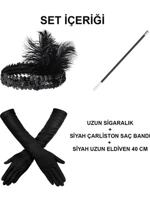 Moresun Buğz 192039LER Gatsby Aksesuar Seti – Siyah Charleston Saç Bandı, Uzun Eldiven  Lık - Buğz