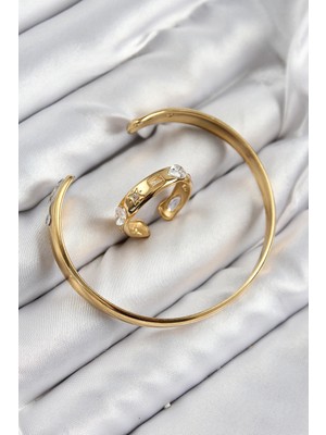 Moresun Buğz Pirinç Zirkon Taşlı Ayrık Model Gold Renk Bileklik Yüzük Set - Buğz